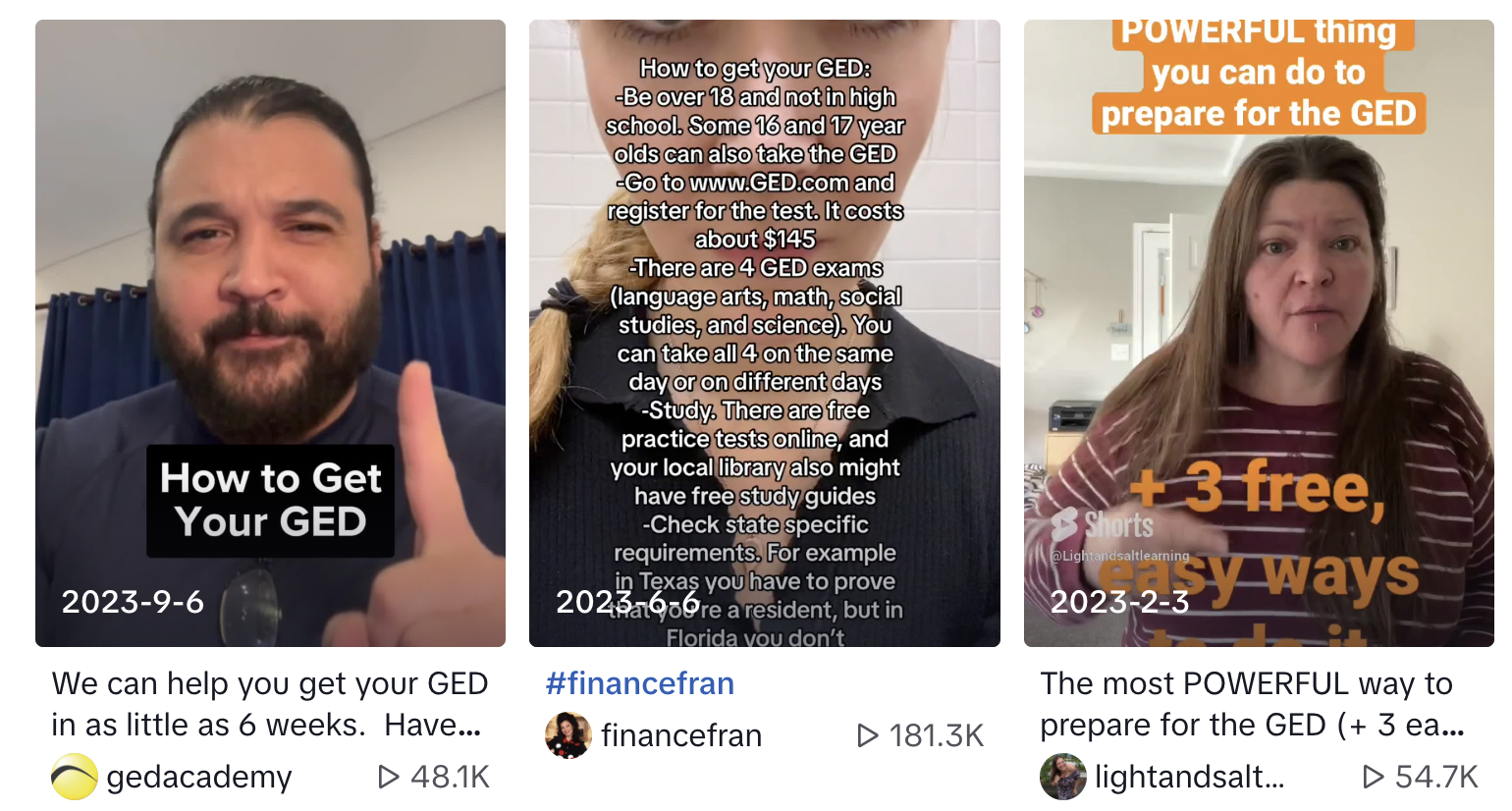 Screenshot of various TikTok videos about GED prep.
