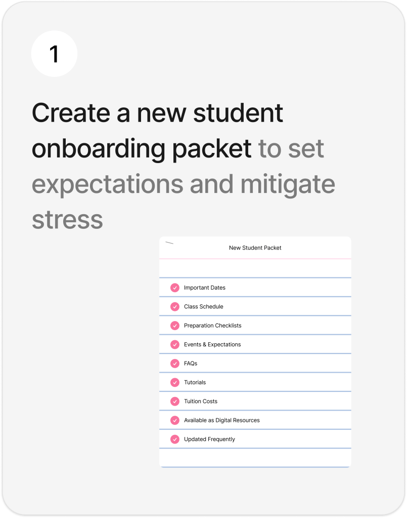 Text says "Solution 1: Create a new student onboarding packet to set expectations and mitigate stress." With a sketch of notebook paper with a new student checklist.