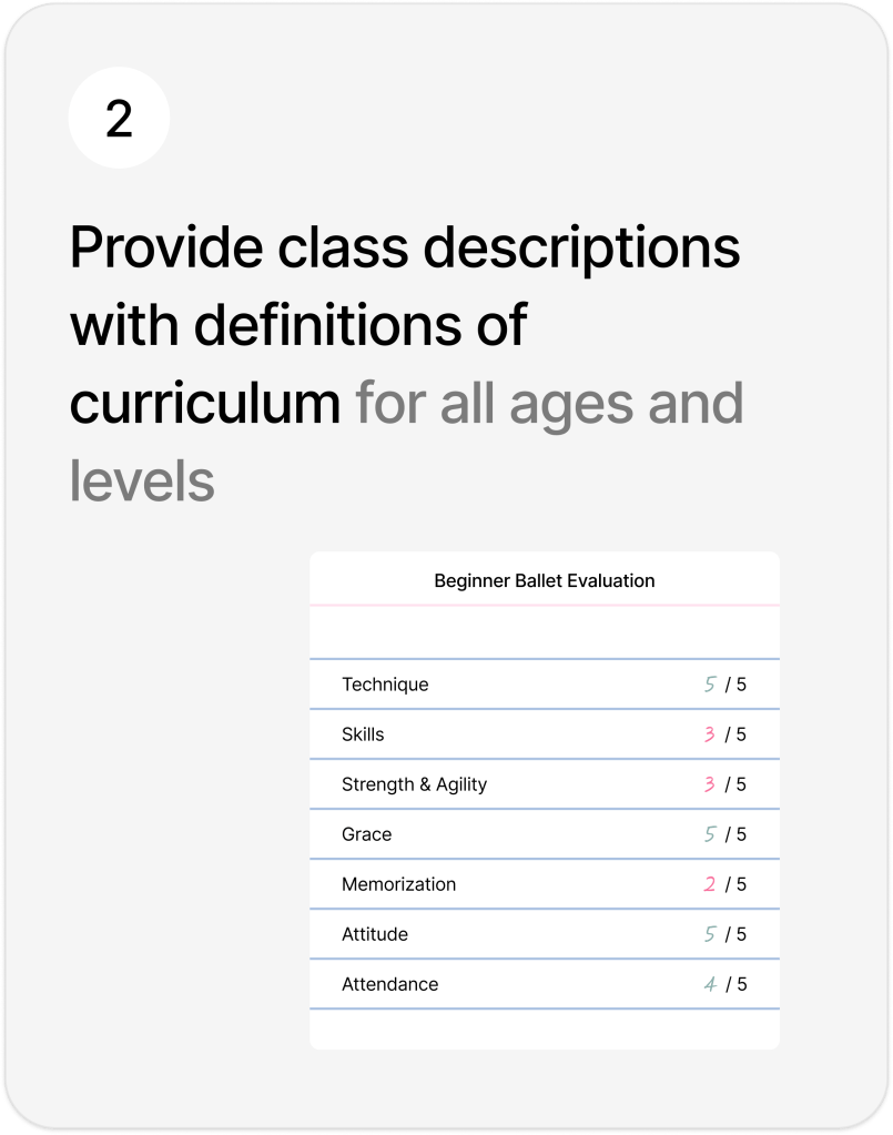 Text says "Solution 2: Provide class descriptions with definitions of curriculum for all ages and levels." With a sketch of notebook paper that has a student's evaluation / report card.