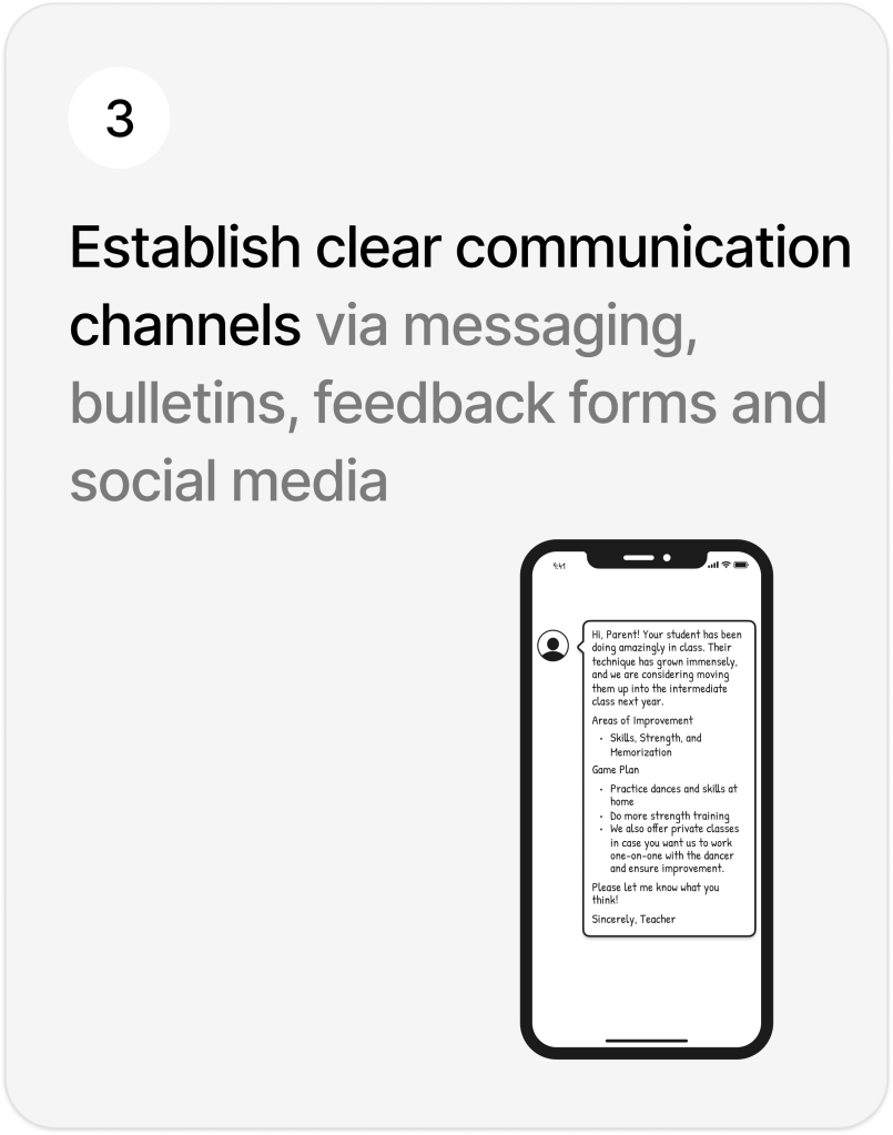 Text says "Solution 3: Establish clear communication channels via messaging bulletins, feedback forms and social media." With a sketch of a smartphone displaying a text from a teacher providing an update to a parent about their child's dance class progress.